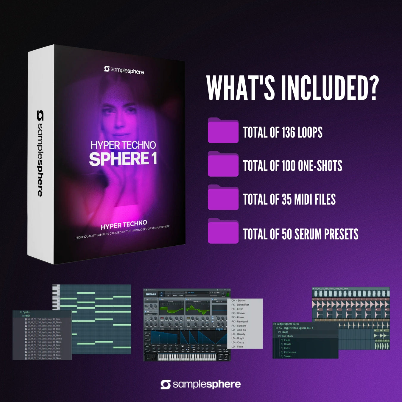 The hypertechno sample pack is the ultimate sample pack for hypertechno producers. The pack contains 230+ samples, loops, and MIDI files, plus 50 finely crafted Serum presets.